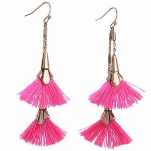 emily // hot pink fringe tassel drop gold earrings